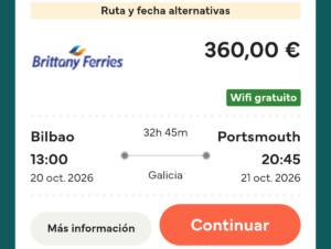 Captura de pantalla precios Ferry Bilbao Portsmouth 2026 con vehículo