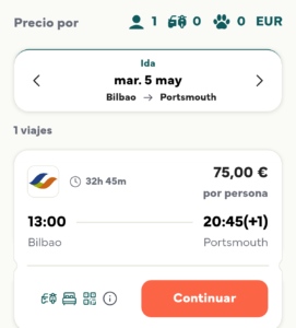 Captura de pantalla precios Ferry Bilbao Portsmouth 2026
