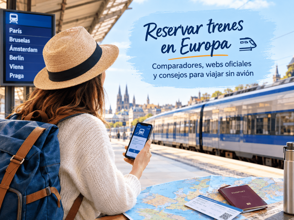Viajera reservando trenes en Europa desde el móvil en un andén