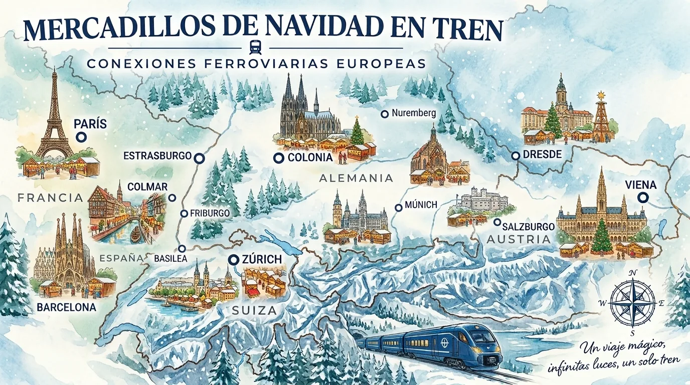 Mapa de los mercadillos de Navidad en tren desde España: Barcelona, París, Estrasburgo, Colmar, Basilea, Zúrich, Colonia, Múnich, Núremberg, Dresde, Salzburgo y Viena