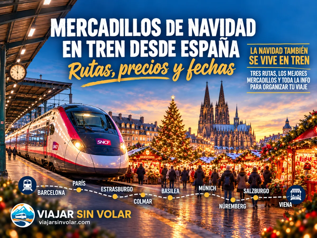 Mercadillos de Navidad en tren desde España 2026: tren de alta velocidad junto a un mercadillo navideño iluminado frente a la catedral de Colonia