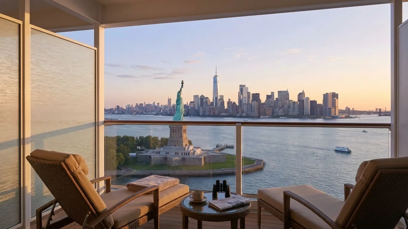 Vista desde el balcón de un transatlántico llegando a Nueva York, con la Estatua de la Libertad y el skyline de Manhattan al amanecer
