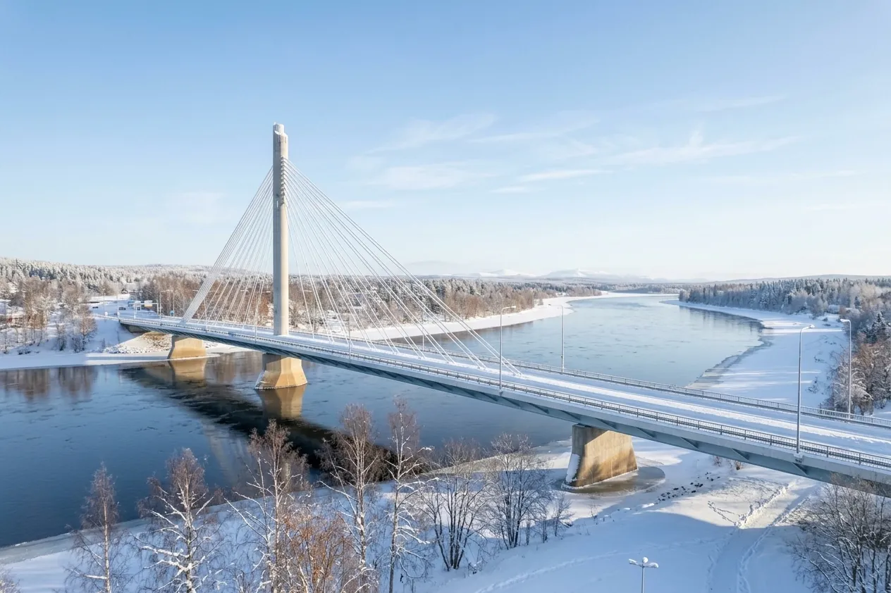 Puente Jätkänkynttilä sobre el río Kemijoki en Rovaniemi, Laponia finlandesa, nevado en invierno