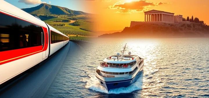 tren de alta velocidad en Francia y un ferry cruzando el mar Egeo en el trayecto de España a Atenas sin volar.