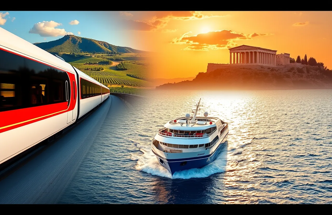 tren de alta velocidad en Francia y un ferry cruzando el mar Egeo en el trayecto de España a Atenas sin volar.